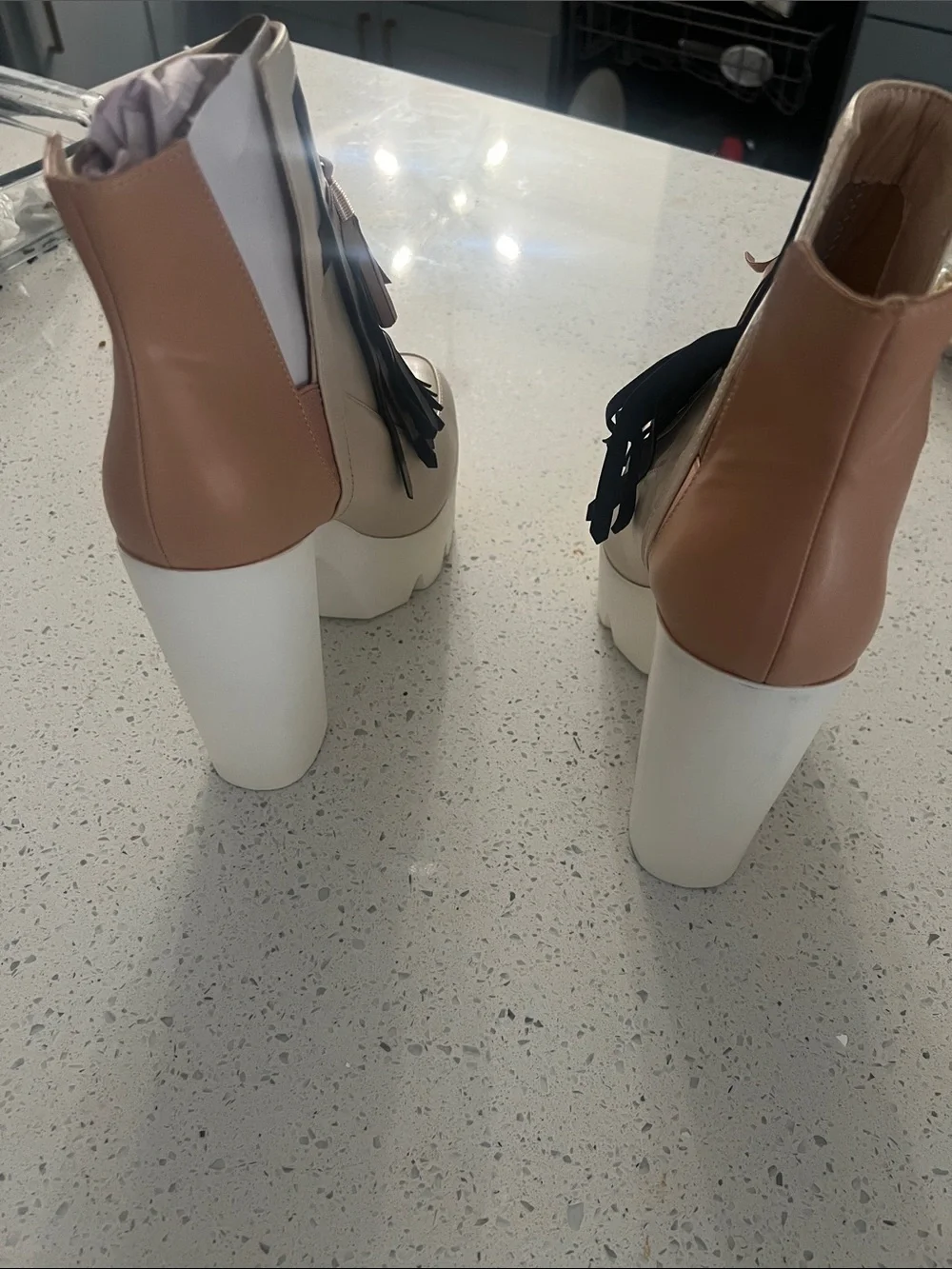 Fringe Tassel Platform Ankle Boots - Beige & Brown